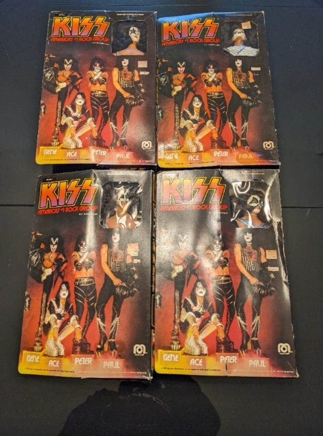 1977 KISS Mego Figures Set - Original Boxes - Complete "Muscle" Body Version - Gene Paul Ace Peter - Holy Grail 1970s Rock